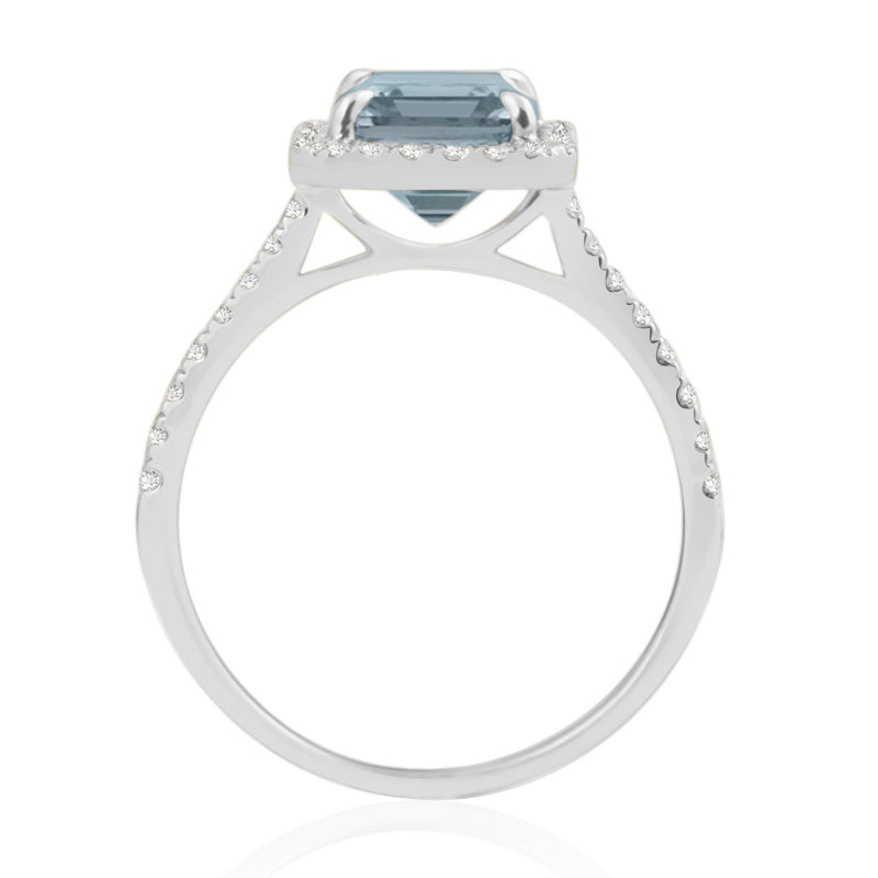 Halo Shoulder Set Ring | Platinum, Emerald Cut Topaz & Round Diamonds