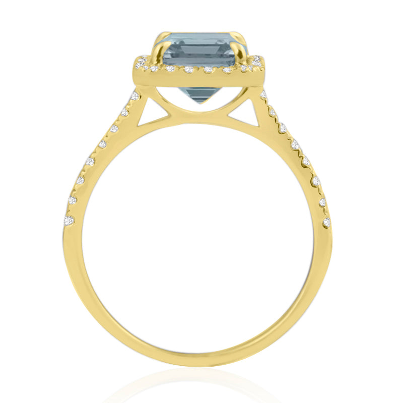 Halo Shoulder Set Ring | Yellow Gold, Emerald Cut Topaz & Round Diamonds