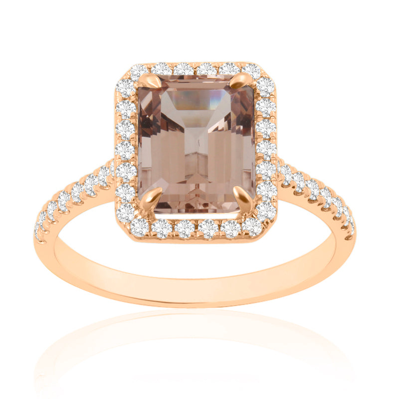 Emerald Cut Morganite Rose Gold Ring with Shoulder & Halo Set Diamonds