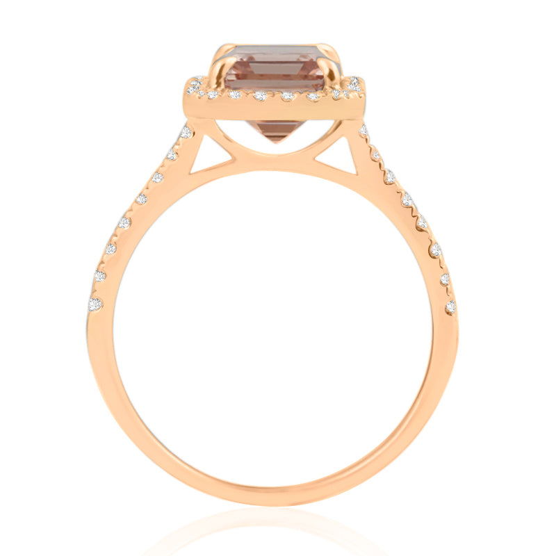 Emerald Cut Morganite Rose Gold Ring with Shoulder & Halo Set Diamonds