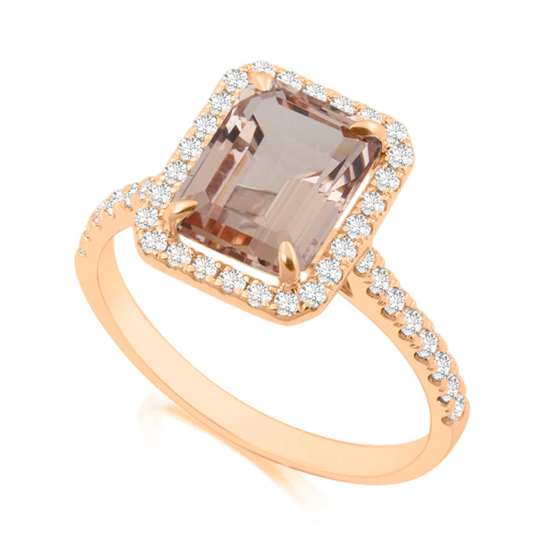Emerald Cut Morganite Rose Gold Ring with Shoulder & Halo Set Diamonds