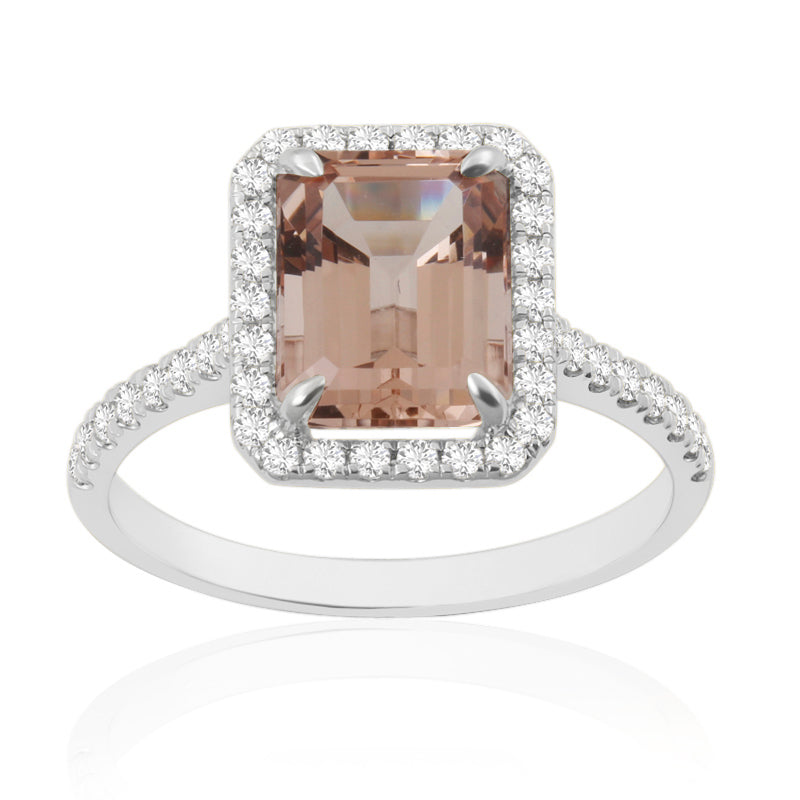 Emerald Cut Morganite White Gold Ring with Shoulder & Halo Set Diamonds