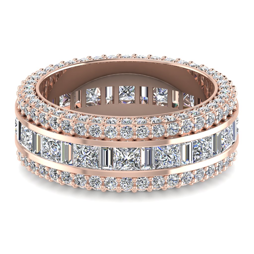 Round & Baguette & Princess Diamond Rose Gold Ring, Face Set 3 Row Full Eternity | ET1237