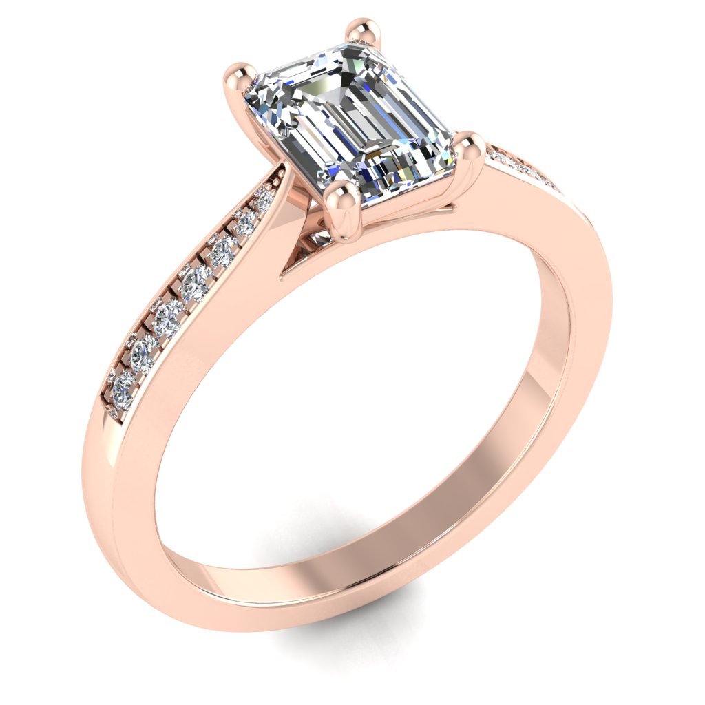 Emerald Diamond Rose Gold Ring, Tapered Grain Shoulder Set | SME RX5495