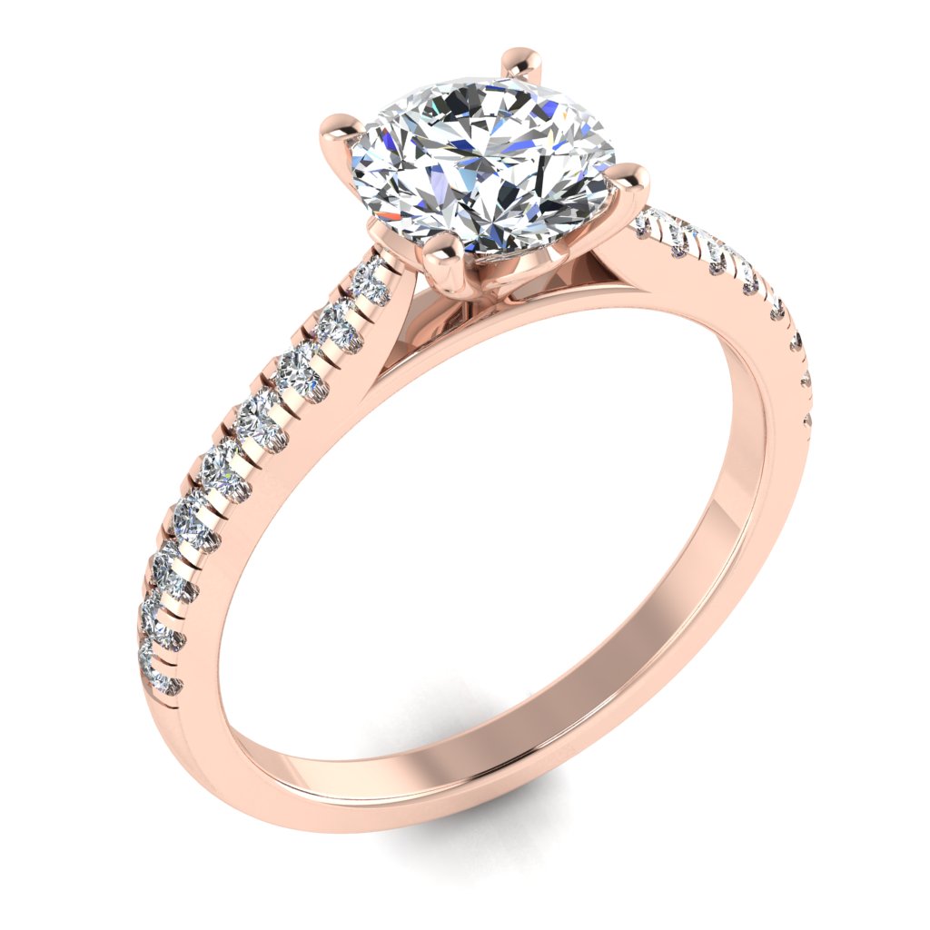 Round Diamond Rose Gold Engagement Ring, Micro Shoulder Set Pinched | RX6701-25