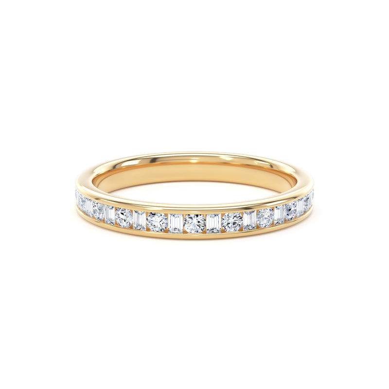 Round & Baguette Diamond Yellow Gold Ring, Channel Set Half Eternity | ET1229