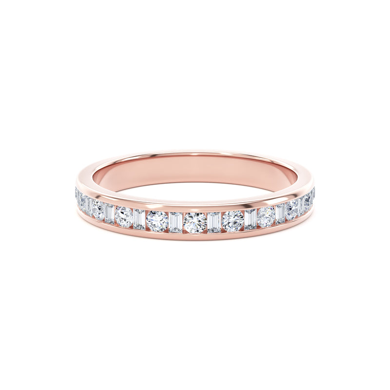 Round & Baguette Diamond Rose Gold Ring, Channel Set Half Eternity | ET1229