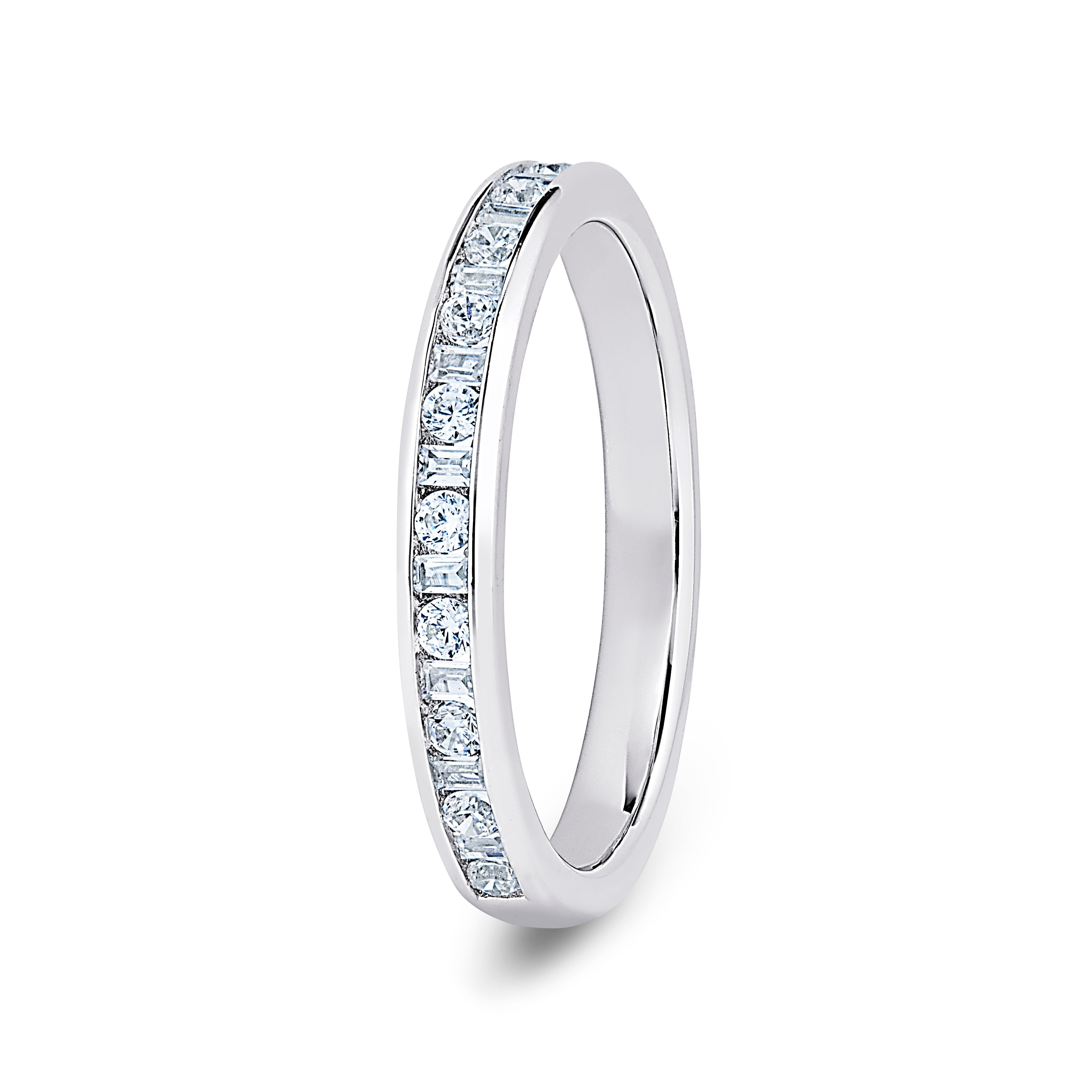 Round & Baguette, Channel, White Gold Half Set Eternity Ring