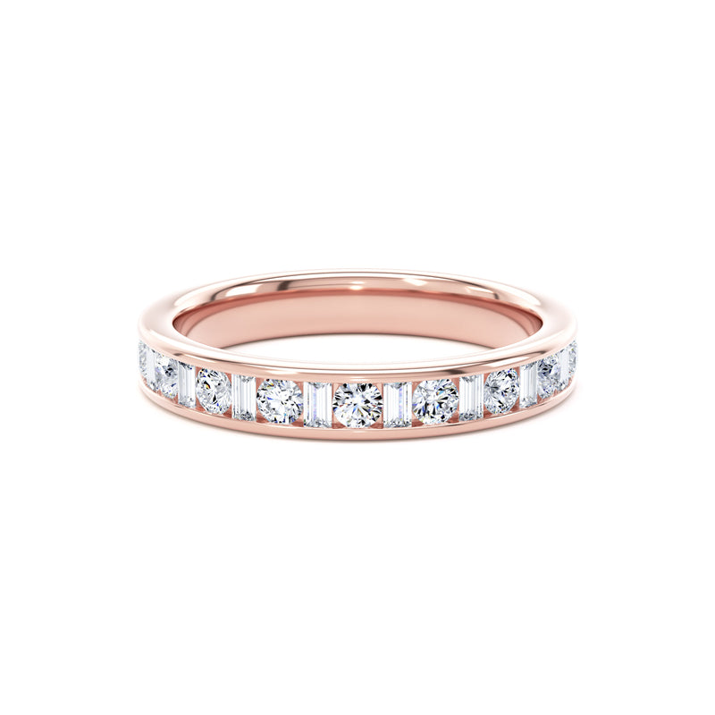 Round & Baguette Diamond Rose Gold Ring, Channel Set Half Eternity | ET1229