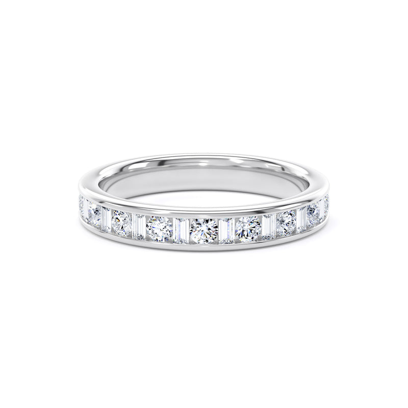 Round & Baguette Diamond White Gold Ring, Channel Set Half Eternity | ET1229