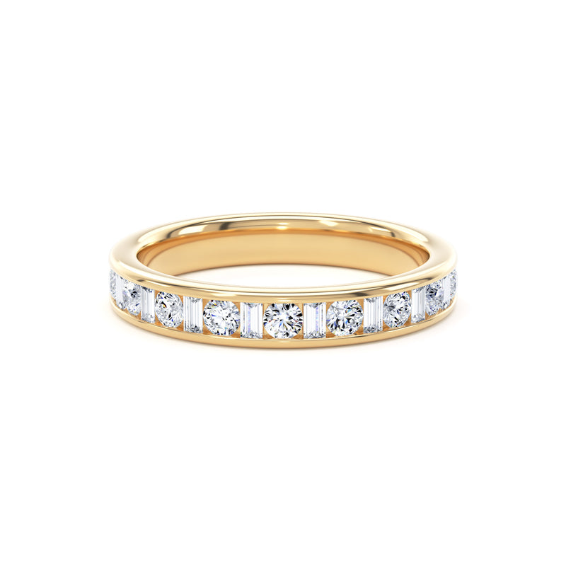 Round & Baguette Diamond Yellow Gold Ring, Channel Set Half Eternity | ET1229