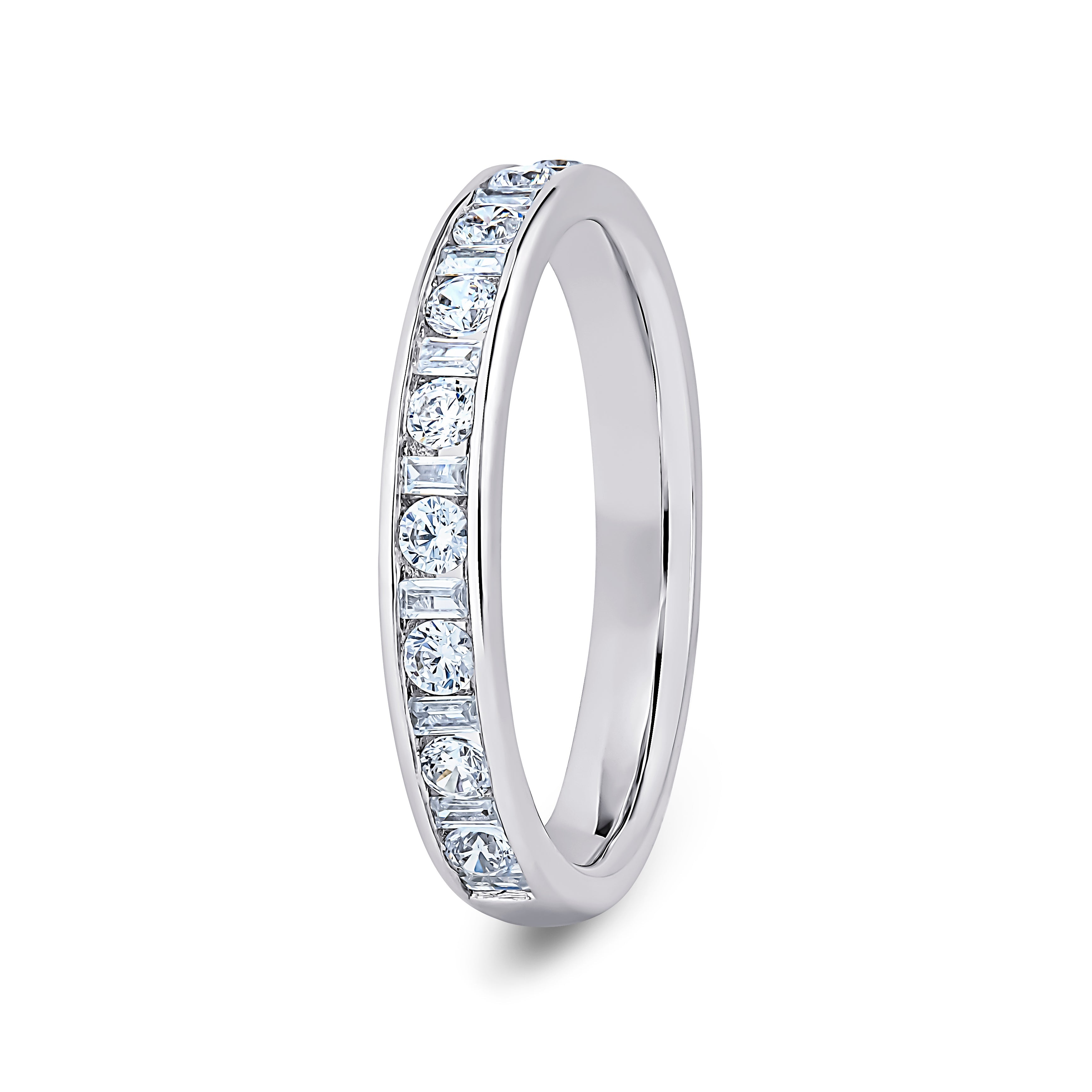Round & Baguette, Channel, White Gold Half Set Eternity Ring