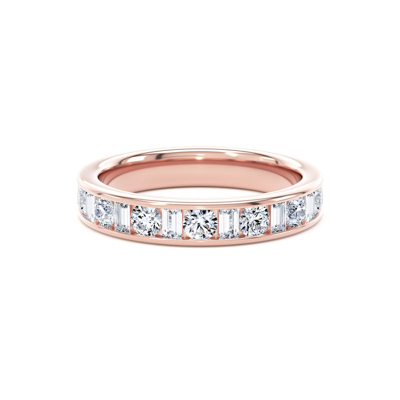 Round & Baguette Diamond Rose Gold Ring, Channel Set Half Eternity | ET1229