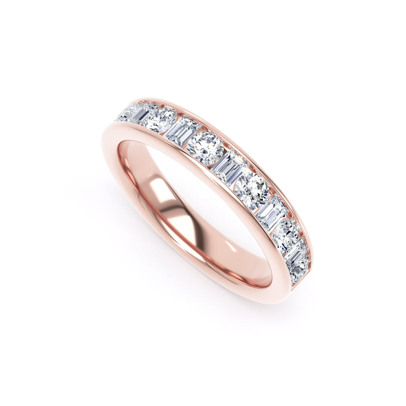 Round & Baguette Diamond Rose Gold Ring, Channel Set Half Eternity | ET1229