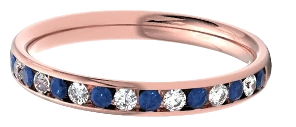 A rose gold eternity ring featuring a channel setting of alternating round-cut blue sapphires and clear diamonds, shown on a clean white background.