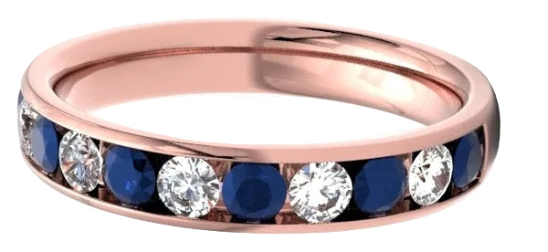 A rose gold eternity ring featuring alternating round-cut deep blue sapphires and clear cubic zirconia stones, shown on a clean white background.