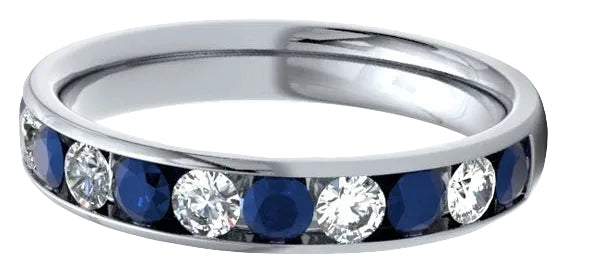 Round Diamond & Sapphire White Gold Ring, Channel Set Half Eternity | ET1301