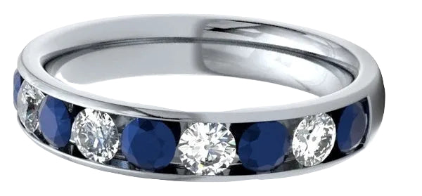 Round Diamond & Sapphire White Gold Ring, Channel Set Half Eternity | ET1301