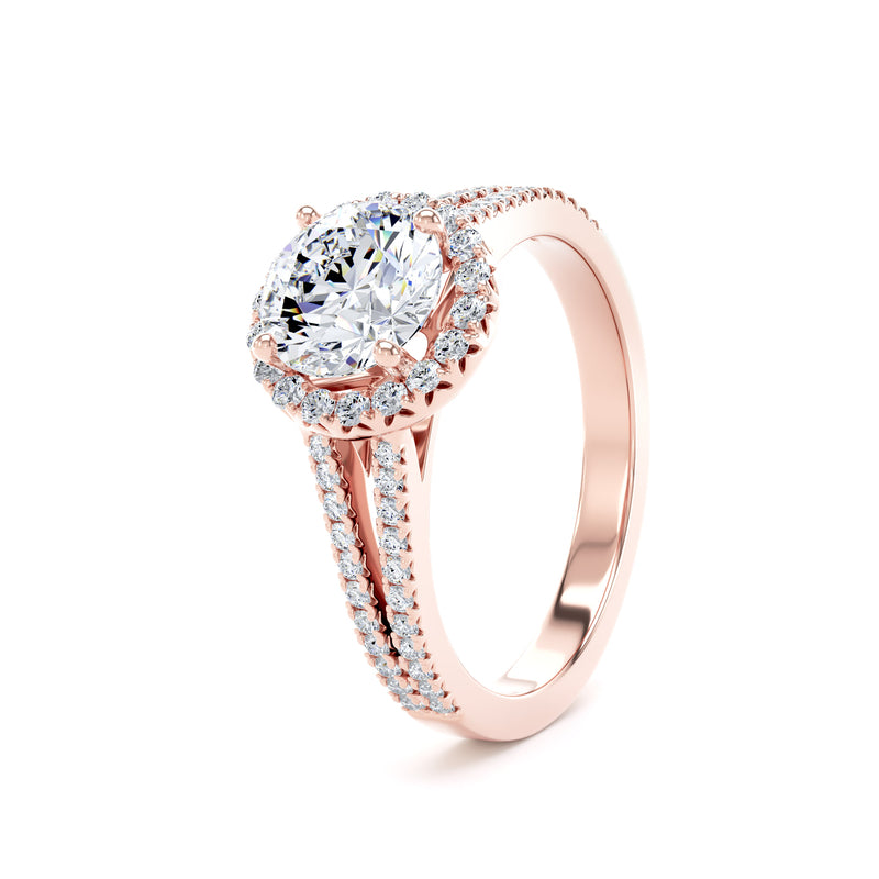 Halo Split Diamond Shoulder Ring | Rose Gold, Round Diamond | RHF01 LGR