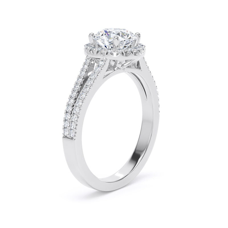 Halo Split Diamond Shoulder Ring | White Gold, Round Diamond | RHF01 LGR