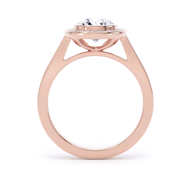 Round Diamond Rose Gold Ring, Grain Shoulder Bezel Halo | SMR RHG01