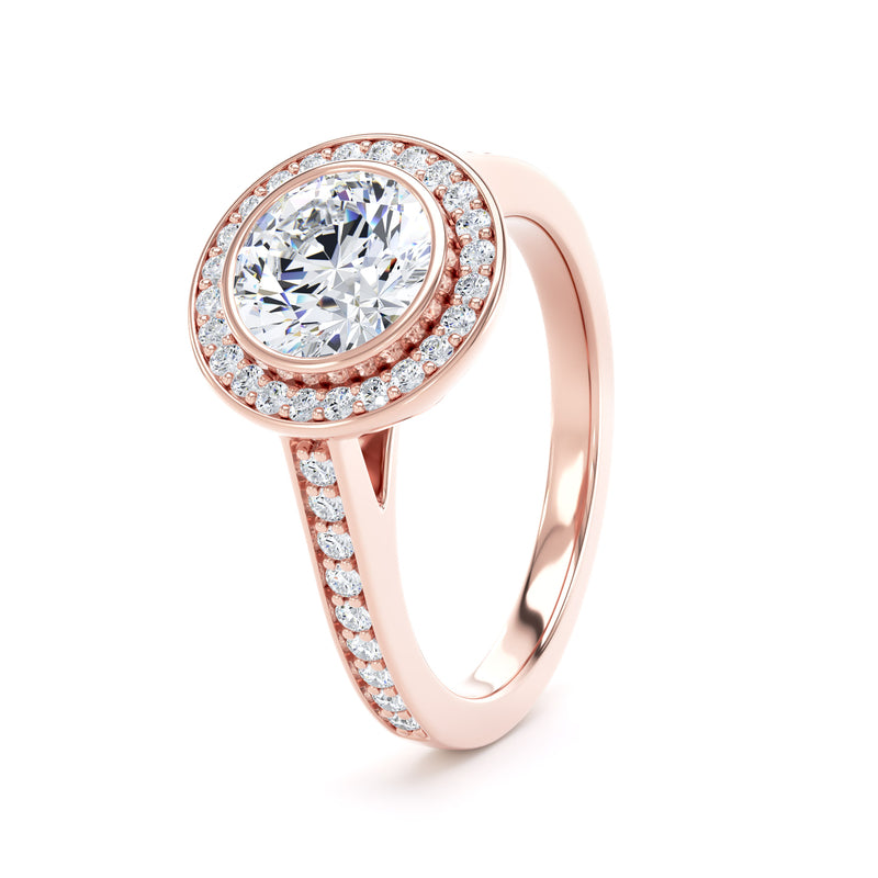 Round Diamond Rose Gold Ring, Grain Shoulder Bezel Halo | SMR RHG01