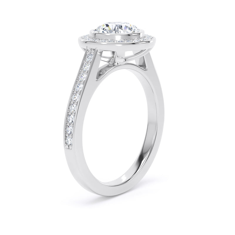 Round Diamond White Gold Ring, Grain Shoulder Bezel Halo | LGR RHG01