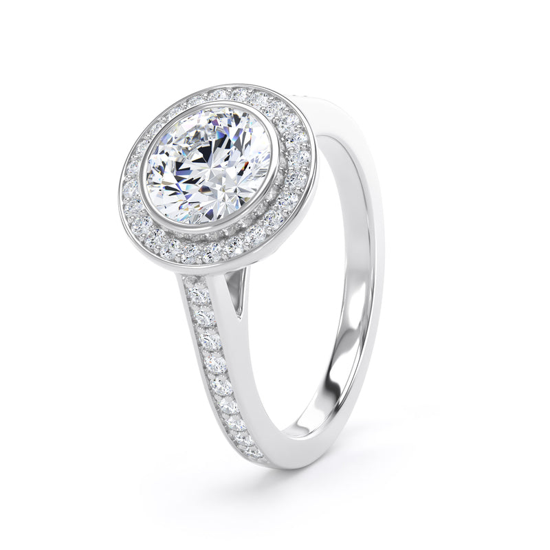 Round Diamond Platinum Ring, Grain Shoulder Bezel Halo | LGR RHG01