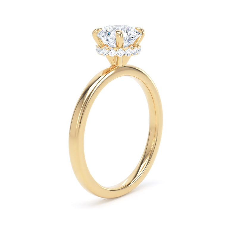 Round Diamond Yellow Gold Ring, Plain Band Hidden Halo | SMR RPS01