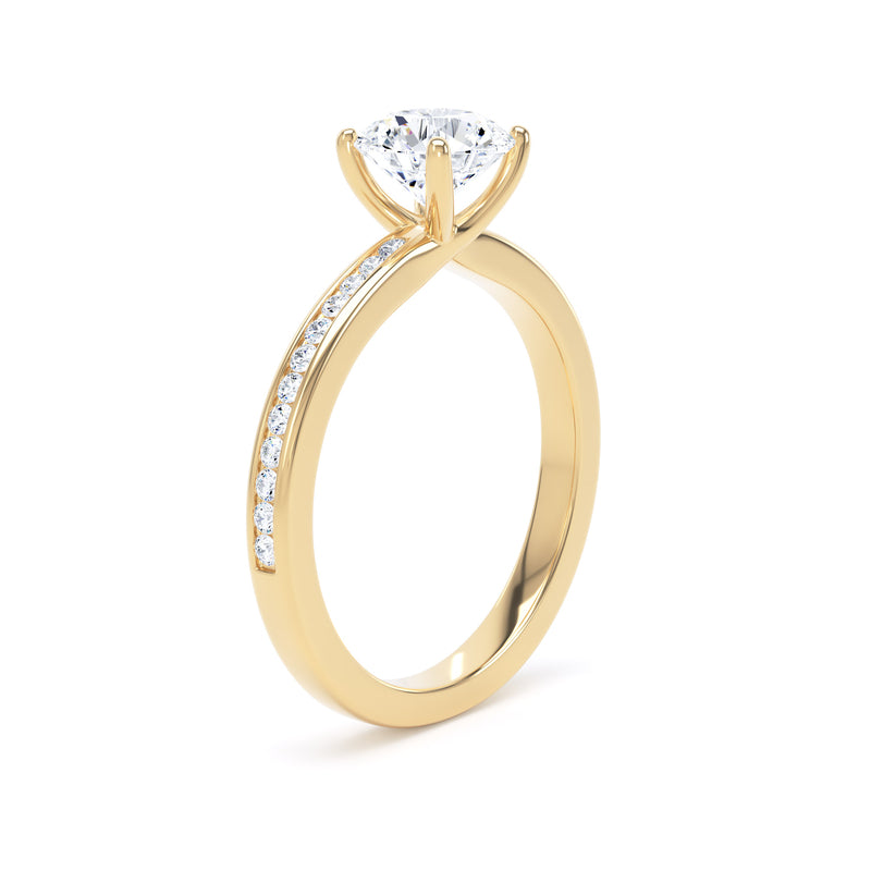 Round Diamond Yellow Gold Ring, Shoulder Set Crossover Head | LGR RSC01