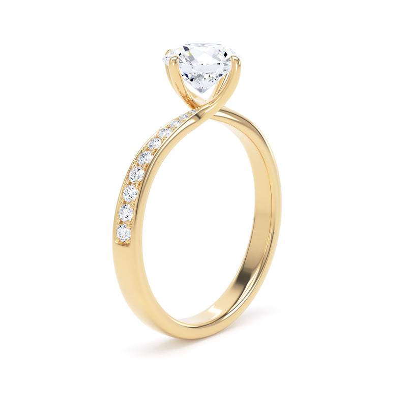 Round Diamond Yellow Gold Ring, Twisted Grain Shoulder Set | SMR RSG03