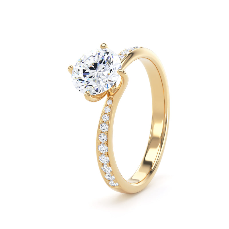 Round Diamond Yellow Gold Ring, Twisted Grain Shoulder Set | SMR RSG03