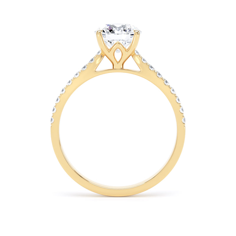 Round Diamond Yellow Gold Ring, Scallop Lotus Head | SMR RSP02