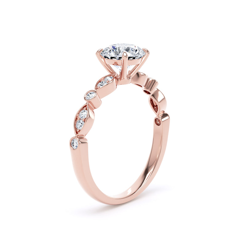 Round Diamond Rose Gold Ring, Fancy Diamond Shoulder Set | SMR RSV01