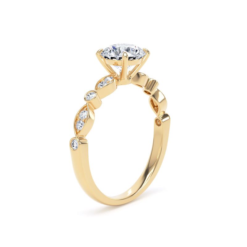 Round Diamond Yellow Gold Ring, Fancy Diamond Shoulder Set | LGR RSV01