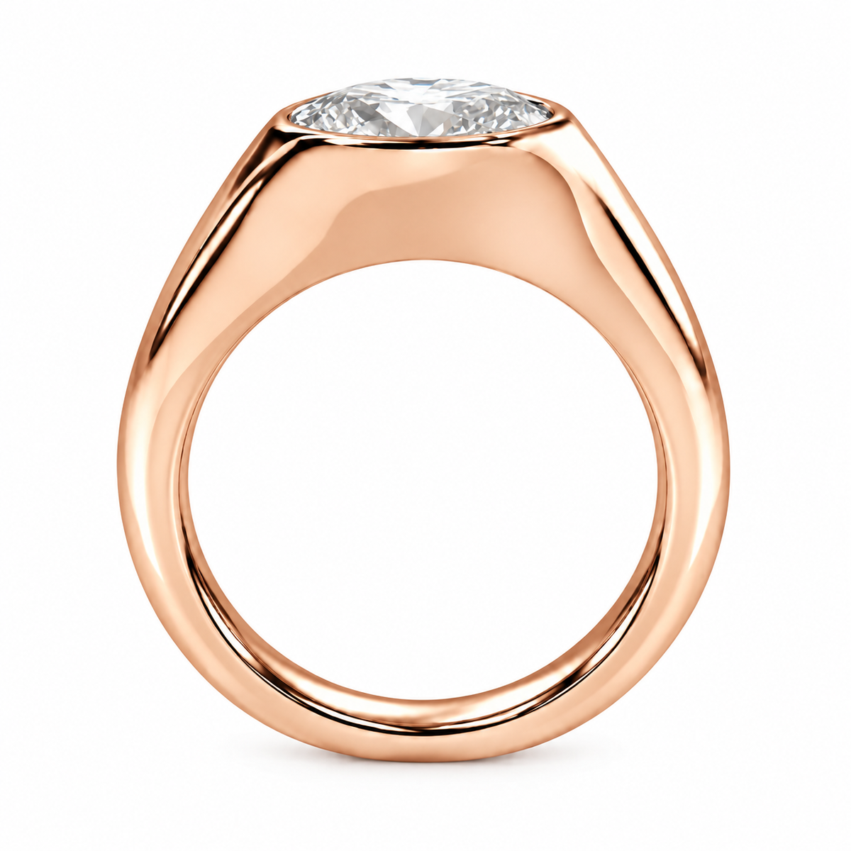 A rose gold ring with a large, ovalbrilliant-cut clear diamond in a bezel setting, shown from a top-down view on a white background.