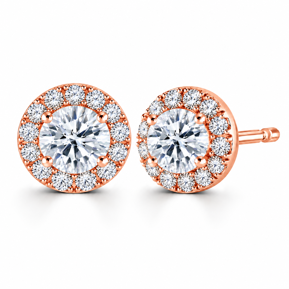 Round Diamond Rose Gold Earrings, Micro Set Halo | RE1001