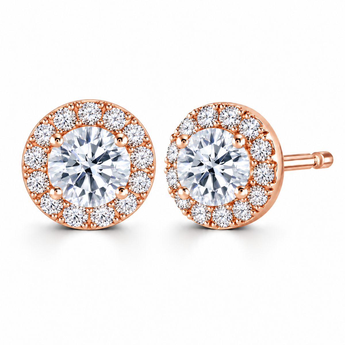 Round Diamond Rose Gold Earrings, Micro Set Halo | RE1001