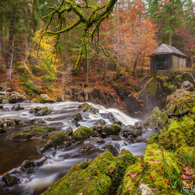 A long-exposure landscape photograph of a rushing forest stream with mossy rocks, autumn trees, and a small wooden cabin in the background.