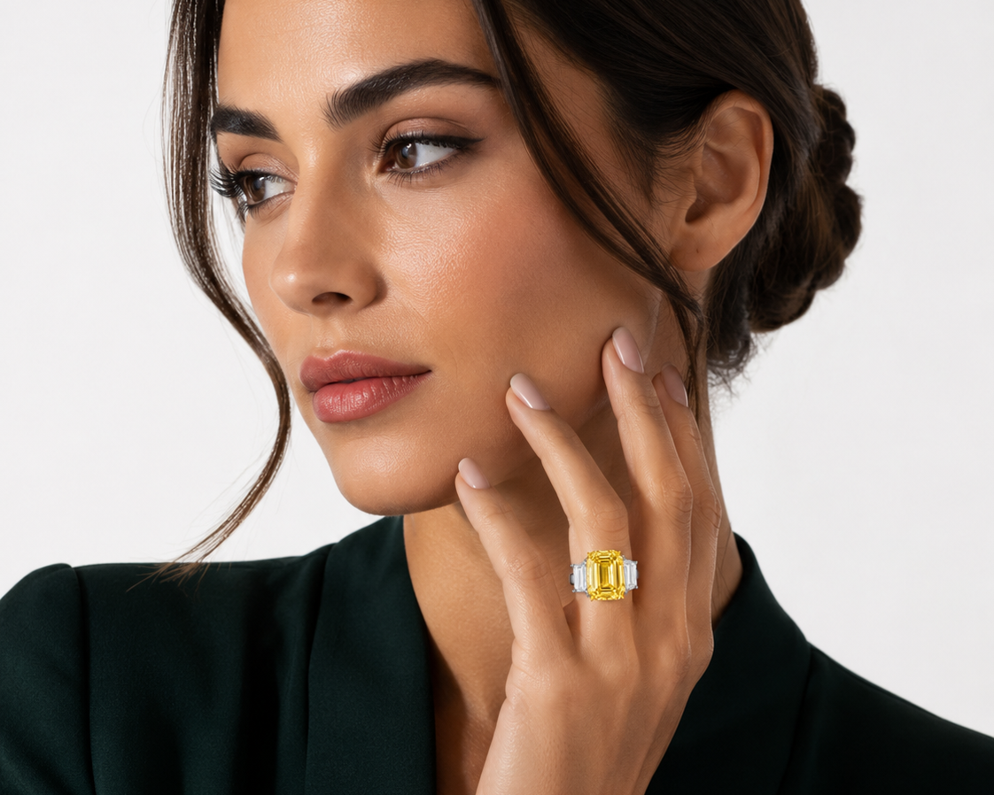 Woman wearing a gold ring with a large gemstone on a plain background