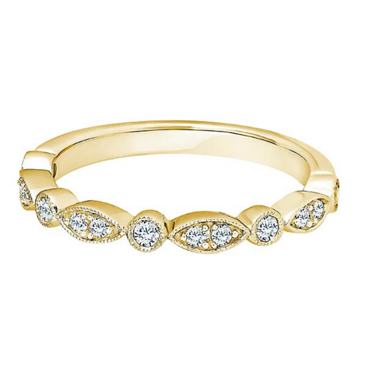 A yellow gold eternity-style ring featuring a continuous row of marquise and round-cut clear gemstones in a bezel setting, shown on a plain white background.