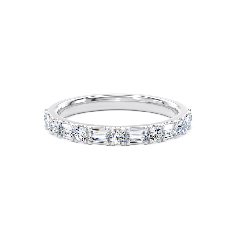 Round & Baguette Diamond White Gold Ring, Prong Set Half Eternity | ET1230