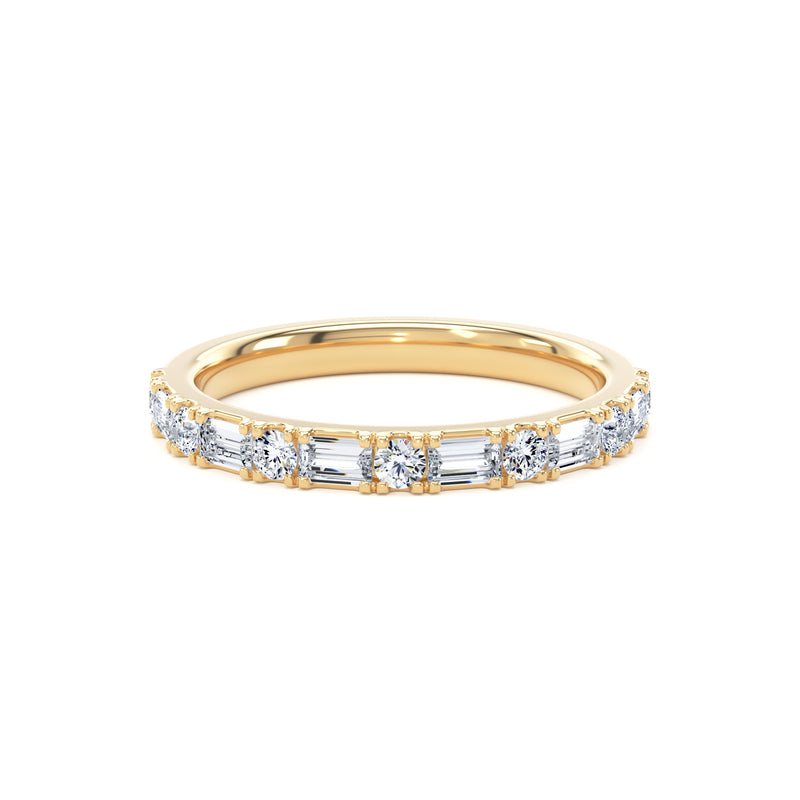 Round & Baguette Diamond Yellow Gold Ring, Prong Set Half Eternity | ET1230