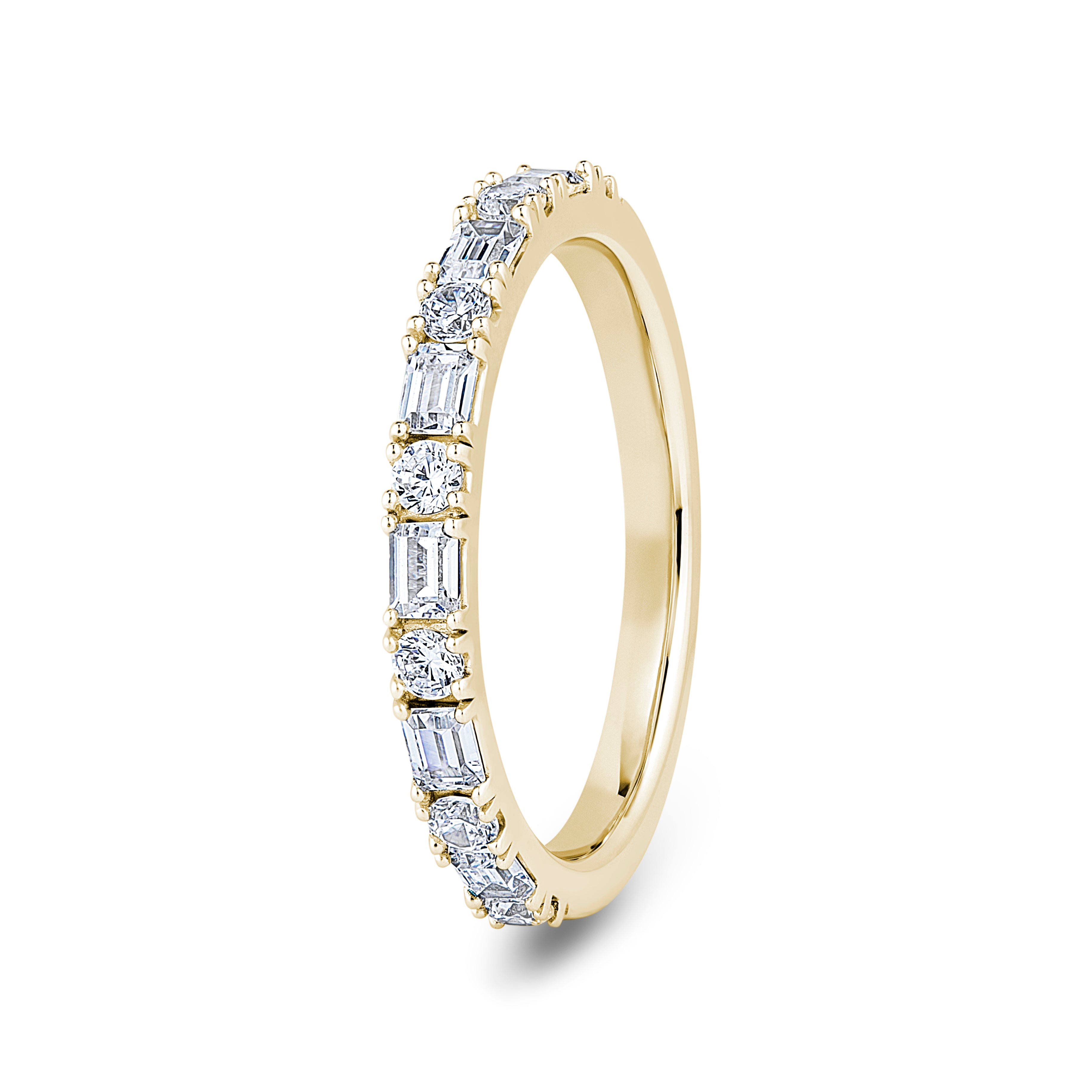 Round & Baguette, 4 Prong, Yellow Gold Half Set Eternity Ring