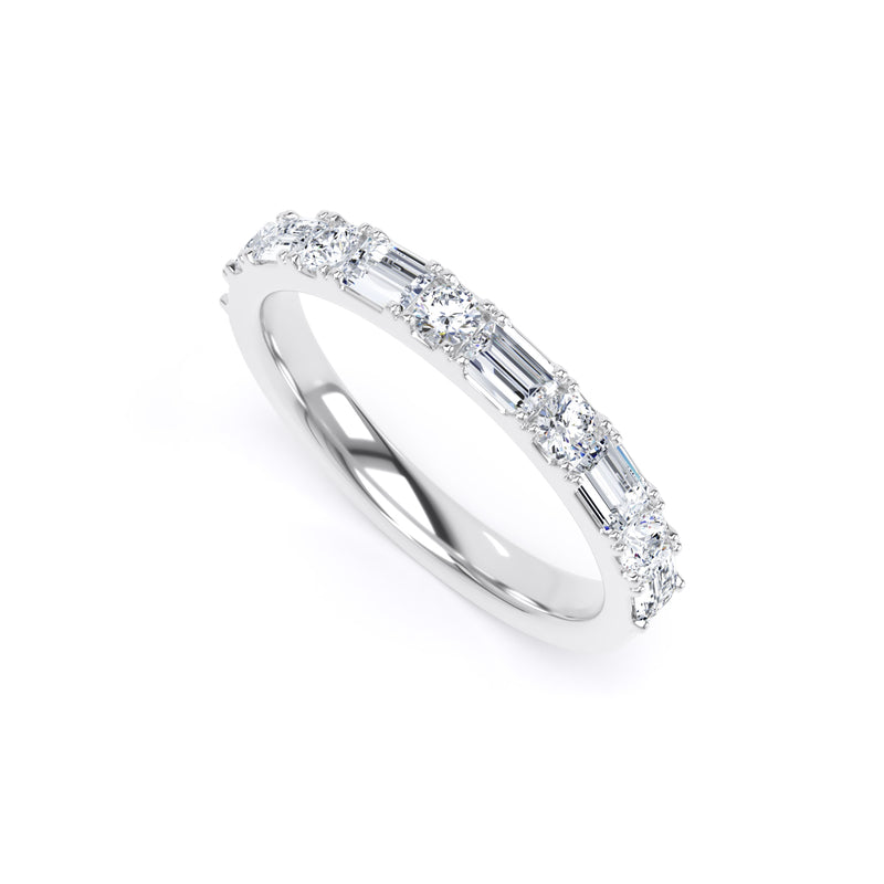 Round & Baguette Diamond Platinum Ring, Prong Set Half Eternity | ET1230