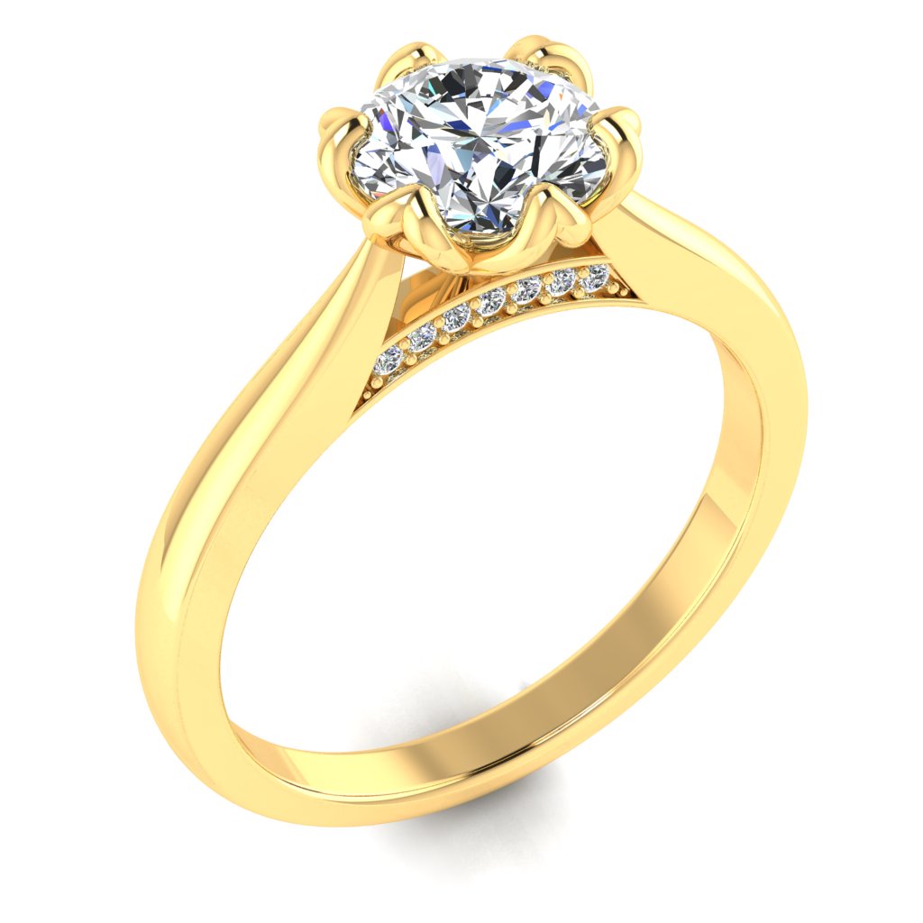 Round Solitaire Yellow Gold Ring, Fancy Lotus Bridge Set | SMR