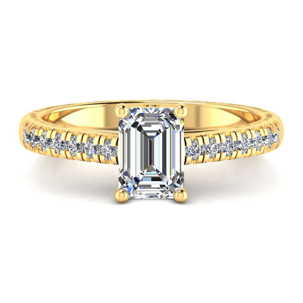 Emerald Cut Diamond & Yellow Gold Shoulder Set Straight Ring | LGE