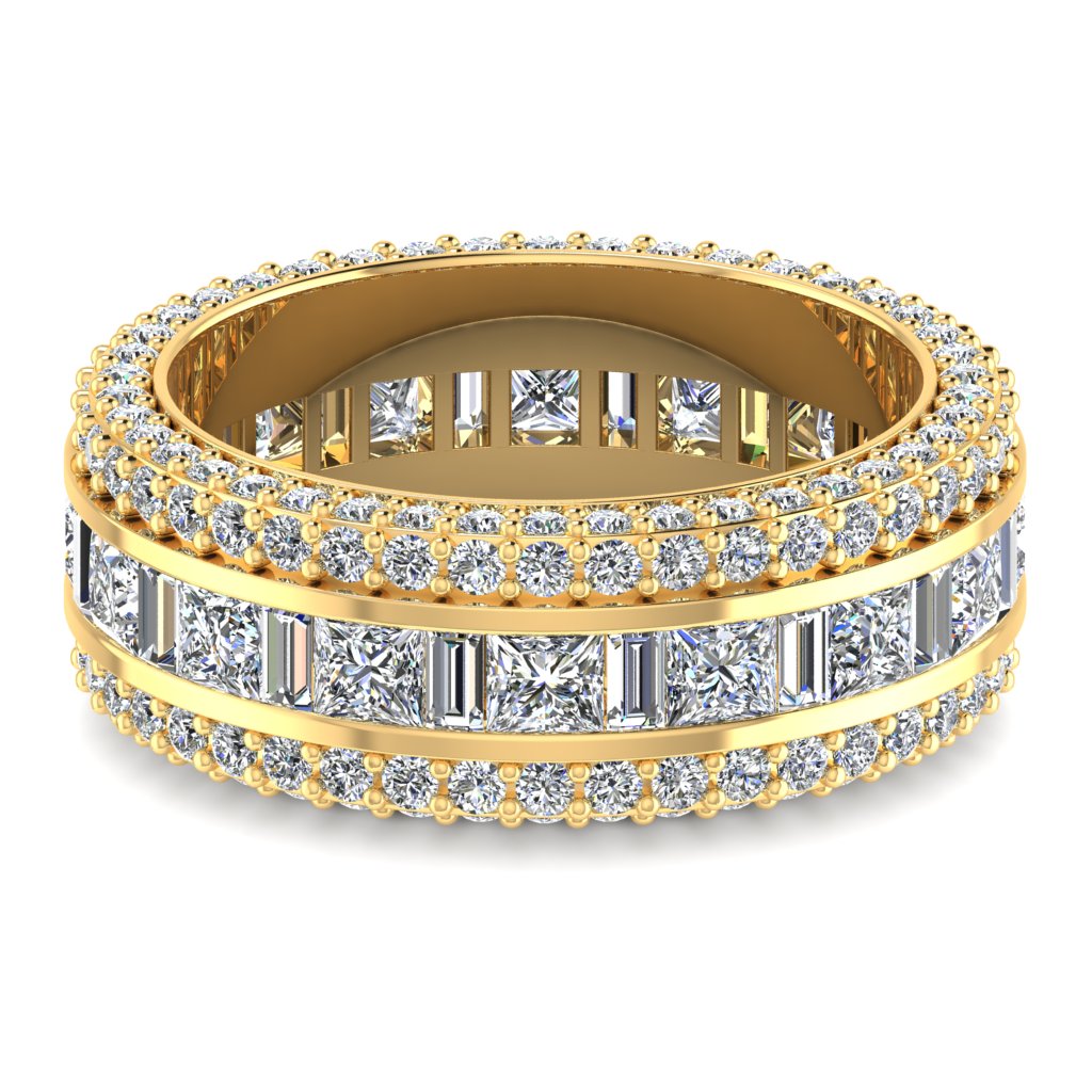 Round & Baguette & Princess Diamond Yellow Gold Ring, Face Set 3 Row Full Eternity | ET1237