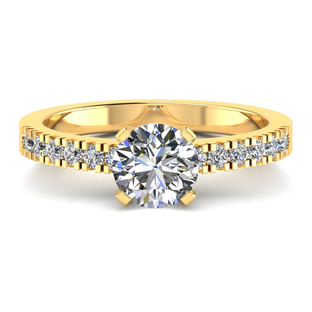 Round Cut Diamond & Yellow Gold Shoulder Set Peg Head Ring | SMR