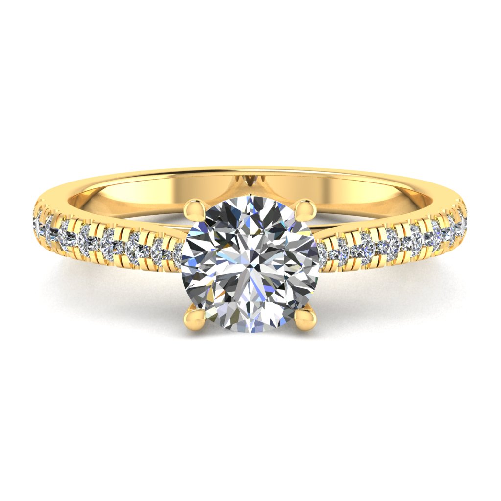 Round Cut Diamond & Yellow Gold Shoulder Set Pinched Ring | SMR